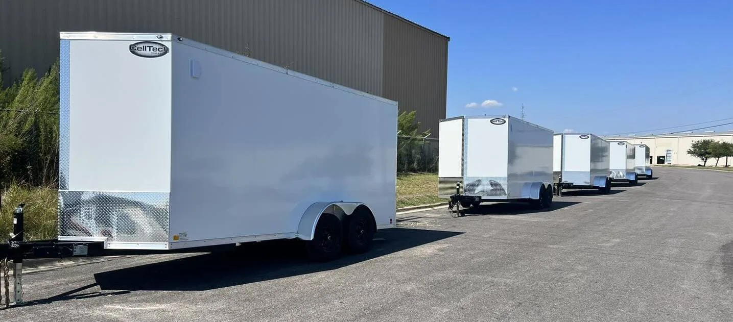 Trailer inventory on the lot at Wallace Trailers, 1440 TN-96, Burns, Tennessee
